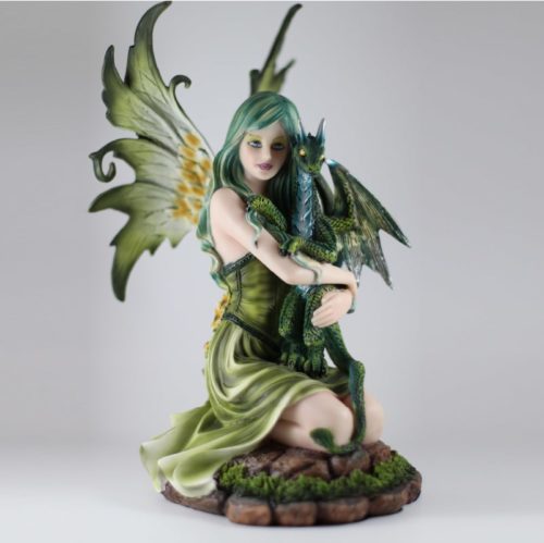 Statue Grande Fée Verte et son Dragon - 23cm Belles couleurs verte pour cette figurine.