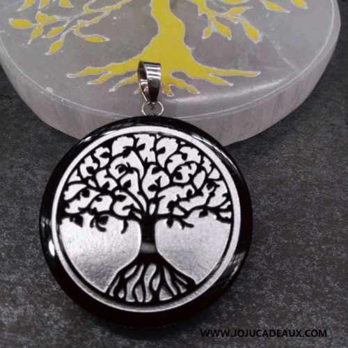 Pendentif en Obsidienne noire naturelle cerclé gravé Arbre de Vie